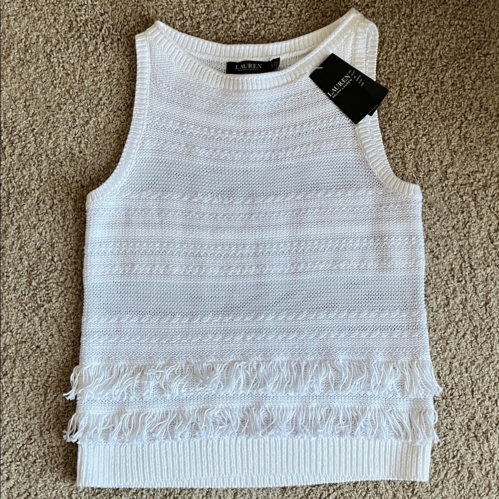 Lauren Ralph Lauren White Fringe Knit Tank Top